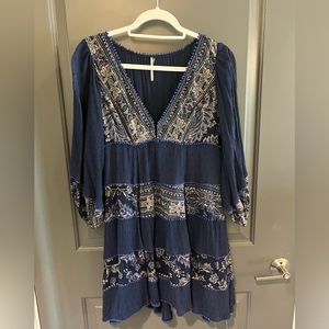 Free People V Neck Navy Pom Mini Dress XS